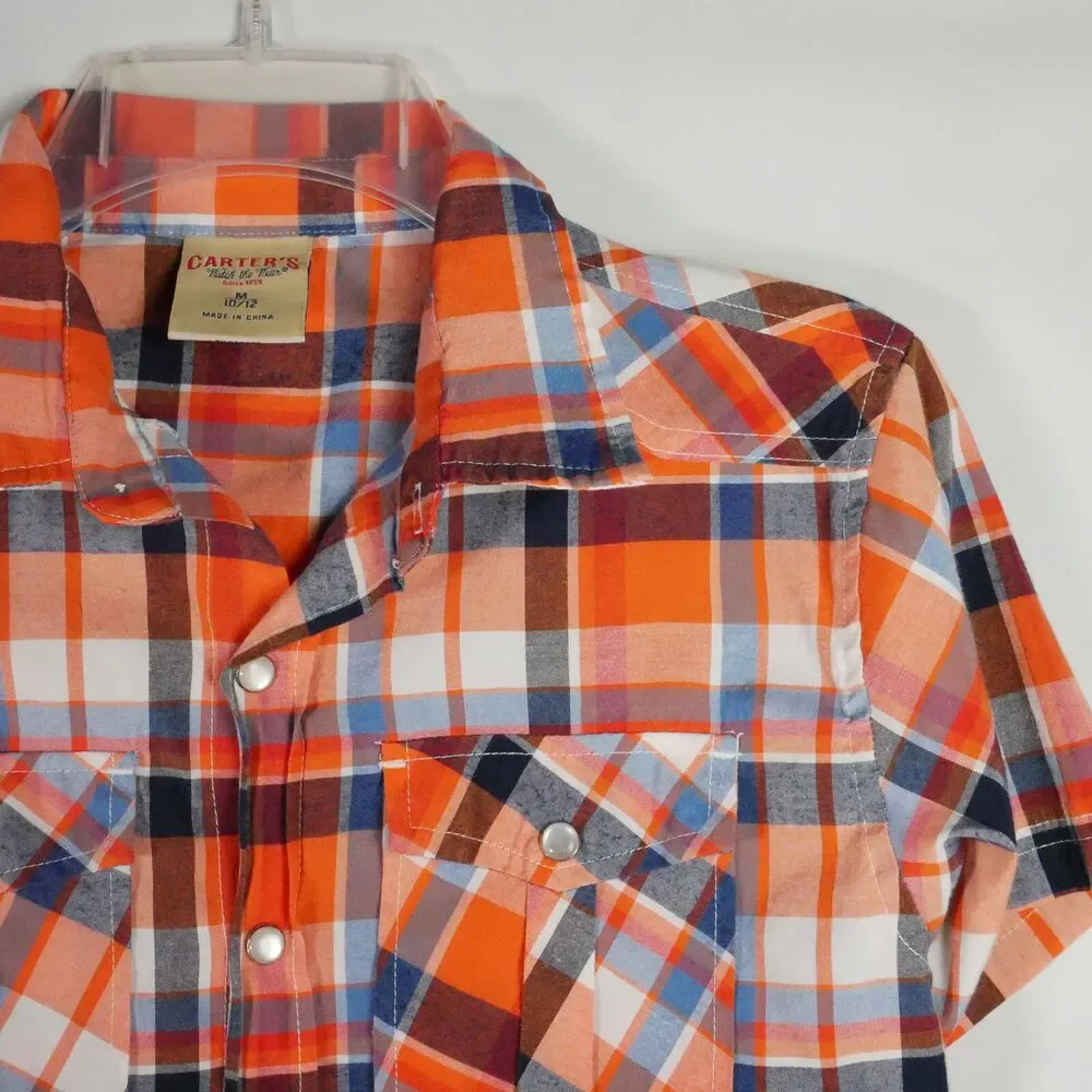 Carter’s Boy Size M 10-12 Plaid Short Sleeve Orange Pearl Button Shirt
